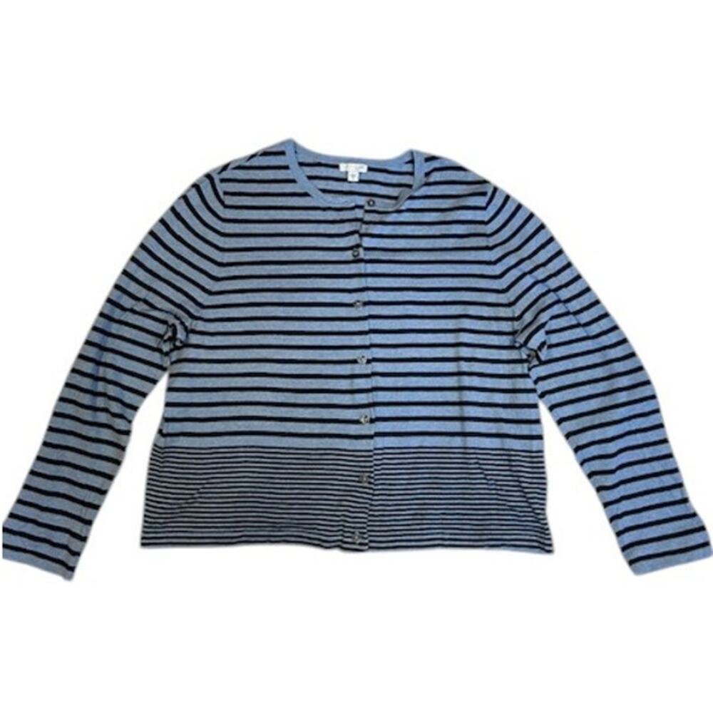 J. JILL Women's Stripe Crewneck Cardigan Size XL Blue Black Cotton Bamboo Blend
